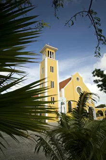 Images Dated 7th April 2008: Caribbean, Netherlands Antilles, Bonaire, Rincon. Church and palm trees