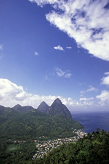 Pitons Prints: Caribbean, St. Lucia, Soufriere. Morning view of the Pitons and Soufriere from the NE