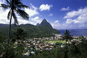 Caribbean, St. Lucia, Soufriere. Morning view of the Pitons and Soufriere from the NE