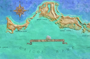 Trending: Caribbean, TURKS & CAICOS-Providenciales island-Grace Bay: Mural Map of Turks