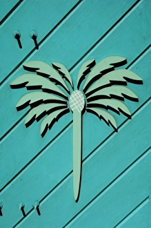 Images Dated 8th December 2006: Caribbean, U. S. Virgin Islands, St. John, Cruz Bay. Palm tree window trim