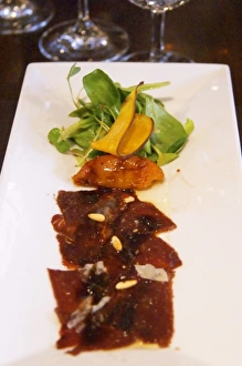 Images Dated 24th August 2005: Carpaccio raw marinated beef with pine nuts, mache lettuce, bell pepper, fried pumpkin chips