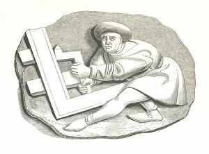 Carpenters Apprentice working on a trial piece. Medieval woodcut