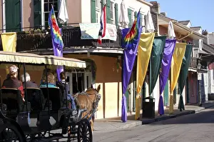 Banner Prints: Carriage rides in the Mardi Gras decorated French Quarter, New Orleans, Louisiana