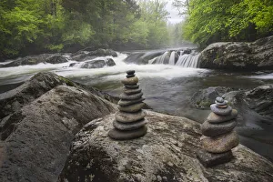 Verdant Prints: Cascading mountain stream and rock cairns