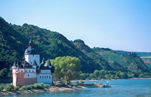 Rhine River Prints: Castle in the Rhine River near Kaub, Germany. castle, rhine, river, germany