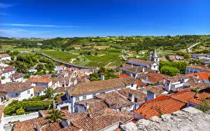 Portugal Collection: Castle Wals Countryside Farmland Medieval Town Santa Marica Church Obidos Portugal