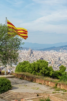 Images Dated 21st June 2024: Catalan flag flies over the Montjuic Castle old military fortress on Montjuic Mountain overlooking the city