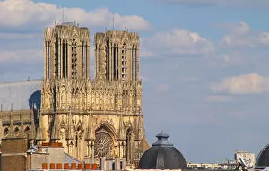 The cathedral in Reims over a rooftop roof top view, Reims, Champagne, Marne, Ardennes