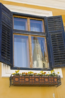 Images Dated 13th July 2007: The Cathedral Tower of the Evangelical Church reflecting in a window, Sibiu, Romania