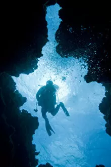 Images Dated 11th April 2007: Cayman Islands, Grand Cayman Island, Scuba diver swimming near coral reef at Eden
