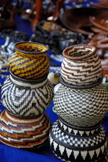 Central America, Panama, Cristobal. Local Embera Indian handicrafts, traditional baskets