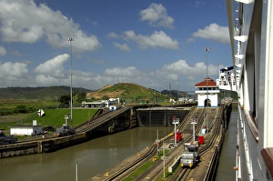 Central America, Panama, Panama Canal. Cruise ship transiting the Pedro Miguel Lock