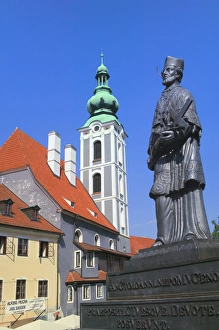Turret Prints: Cesky Krumlov Chateau with bronze sculpture, Czech Republic