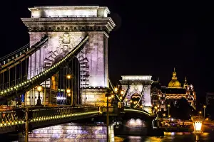 Hungary Prints: Chain Bridge Saint Stephens Danube River Reflection Budapest Hungary