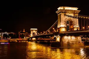 Hungarian Prints: Chain Bridge Saint Stephens Danube River Reflection Budapest Hungary