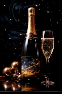 Images Dated 30th July 2024: Champagne glass and bottle. (AI Generated)