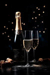 Champagne glasses and bottle on table. (AI Generated)