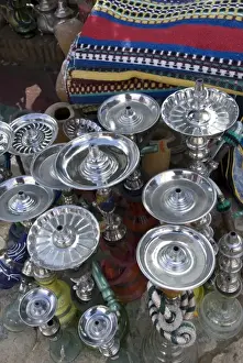 North East Prints: Chefchaouen Morocco decorative Moroccan silver-colored hookahs for sale in the medina