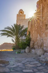 Tunisia Prints: Chenini, Tataouine, Tunisia. Minaret of a small mosque in the town of Tatouine