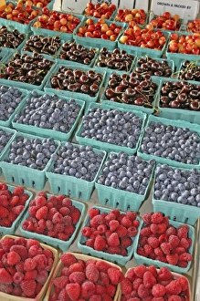 Cherries blueberries strawberries at farmers market in South Haven Michigan Cherries blueberries strawberries at farmers market in South Haven Michigan