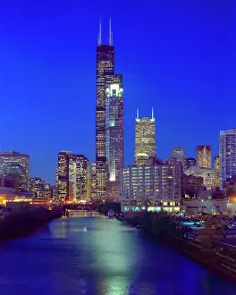 Sky Scraper Prints: Chicago, Illinois, Skyline at night with Chicago River and Sears Tower