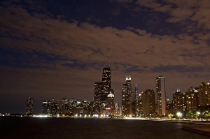 Chicago skyline at night from North Avenue Beach