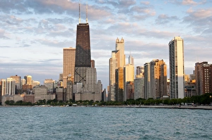 Illinois Prints: Chicago skyline from North Avenue Beach at dusk