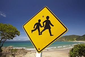 Children Prints: Children warning sign and Long Beach, Oneroa Bay, Russell, Bay of Islands, Northland