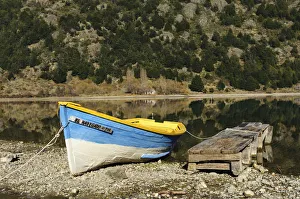 Images Dated 26th September 2010: Chile, Aysen, Bertrand, Baker River. Fishing boat on the shore of Lago Bertrand