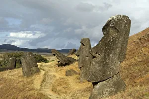 Original Prints: Chile, Easter Island (aka Rapa Nui). Rano Raraku, the main rock quarry for the great