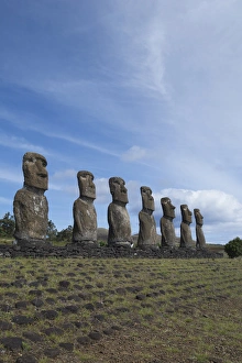 Chile, Easter Island aka Rapa Nui. Ahu Akivi, ceremonial platform with seven restored