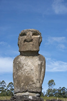 Chile, Easter Island aka Rapa Nui. Ahu Akivi, ceremonial platform with seven restored