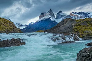 Images Dated 24th November 2020: Chile, Patagonia, Torres del Paine National Park. River rapids and mountain landscape