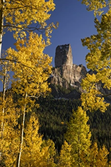 Chimney Rock Prints: Chimney Rock framed with golden aspens, from Owl Creek Pass, Cimarron range in autumn