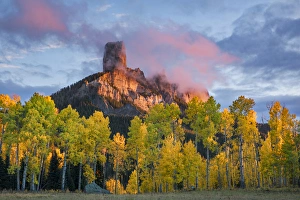 Chimney Rock Prints: Chimney Rock at sunset, from Owl Creek Pass, Cimarron range in autumn, San Juan Mountains