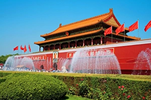 China, Beijing, The Forbidden City, Gate of Heavenly Peace gardens and fountains in front