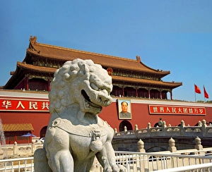 China, Beijing, The Forbidden City, Gate of Heavenly Peace, formidable stone lion