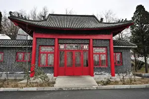 Entry Prints: China, Dandong, roofed built structure with a red door and windows