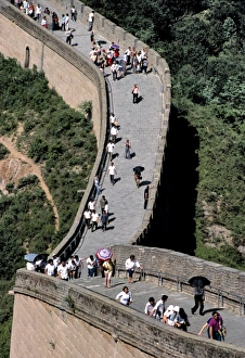 China, Hebei Province, Badaling, The Great Wall. Throngs of tourists climb on