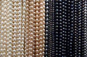 Images Dated 5th April 2009: China, Hong Kong. Kansu Jade Market. Colorful strands of freshwater pearls