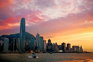 Style Prints: China, Hong Kong, Victoria Harbor, Victoria Peak a seen from a boat in Victoria Harbor