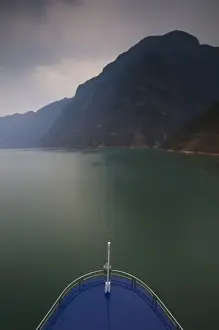 Little Three Gorges Prints: CHINA, Hubei Province. Yangzi River of Wu Gorge from moving Yangzi River Cruise Ship / Dusk