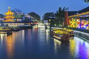 Cityscape Prints: China, Jiangsu, Nanjing. Qinhuai River at Twilight