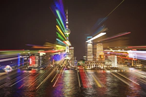 Images Dated 4th January 2014: China, Shanghai. Downtown buildings at night