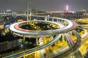 Futuristic Prints: China, Shanghai, Overhead view of traffic on highway freeway overpasses stacked in