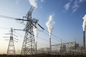 China, Shanxi Province, Datong, Steam and smoke rises from smokestacks at coal-fired Datong No