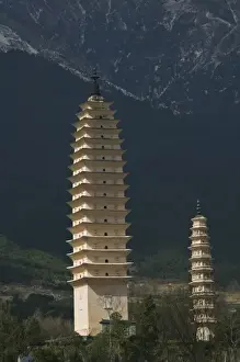 Dali Prints: CHINA, Yunnan Province, Dali. Dali Old Town- Three Pagoda Park (built in the 9th century) / Morning