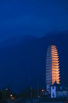Dali Prints: CHINA, Yunnan Province, Dali. Three Pagoda Park (built in the 9th century) / Evening