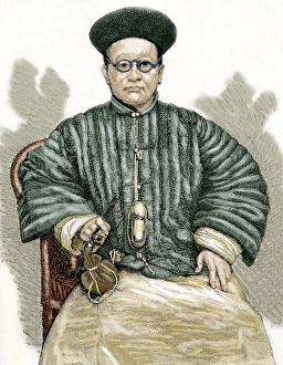 Smoke Prints: Chinese doctor. 19th century engraving. Colored